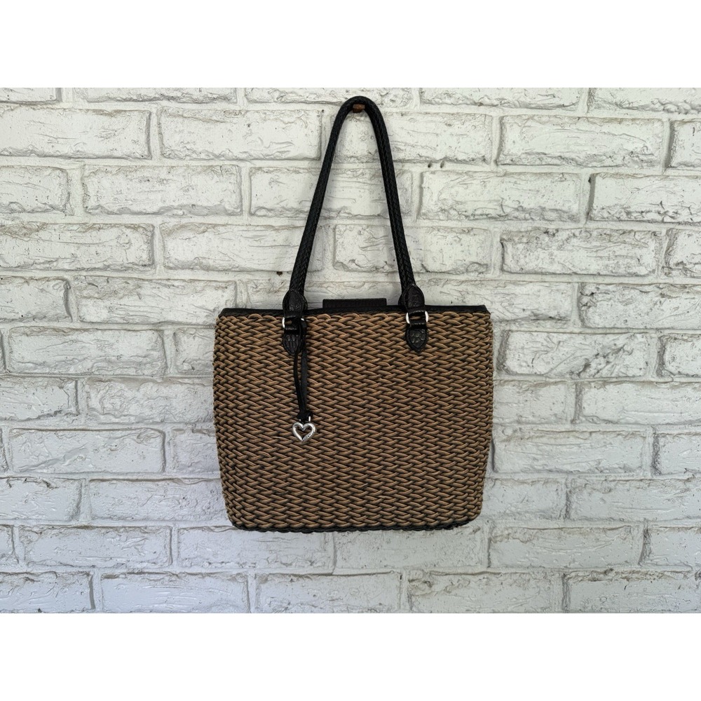 Vintage Brighton Straw & Leather Purse Tote Bag Woven Braided Straps-Tan Black - Picture 7 of 16